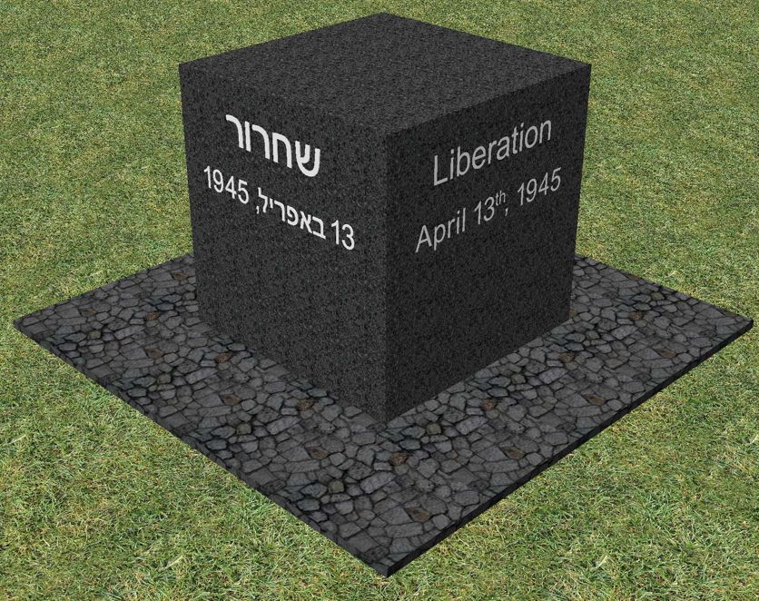 3D-Bild des Steines. Auf ihm sind in hebräisch und in englisch das Wort Befreiung und 13. April 1945 aufgedruckt.